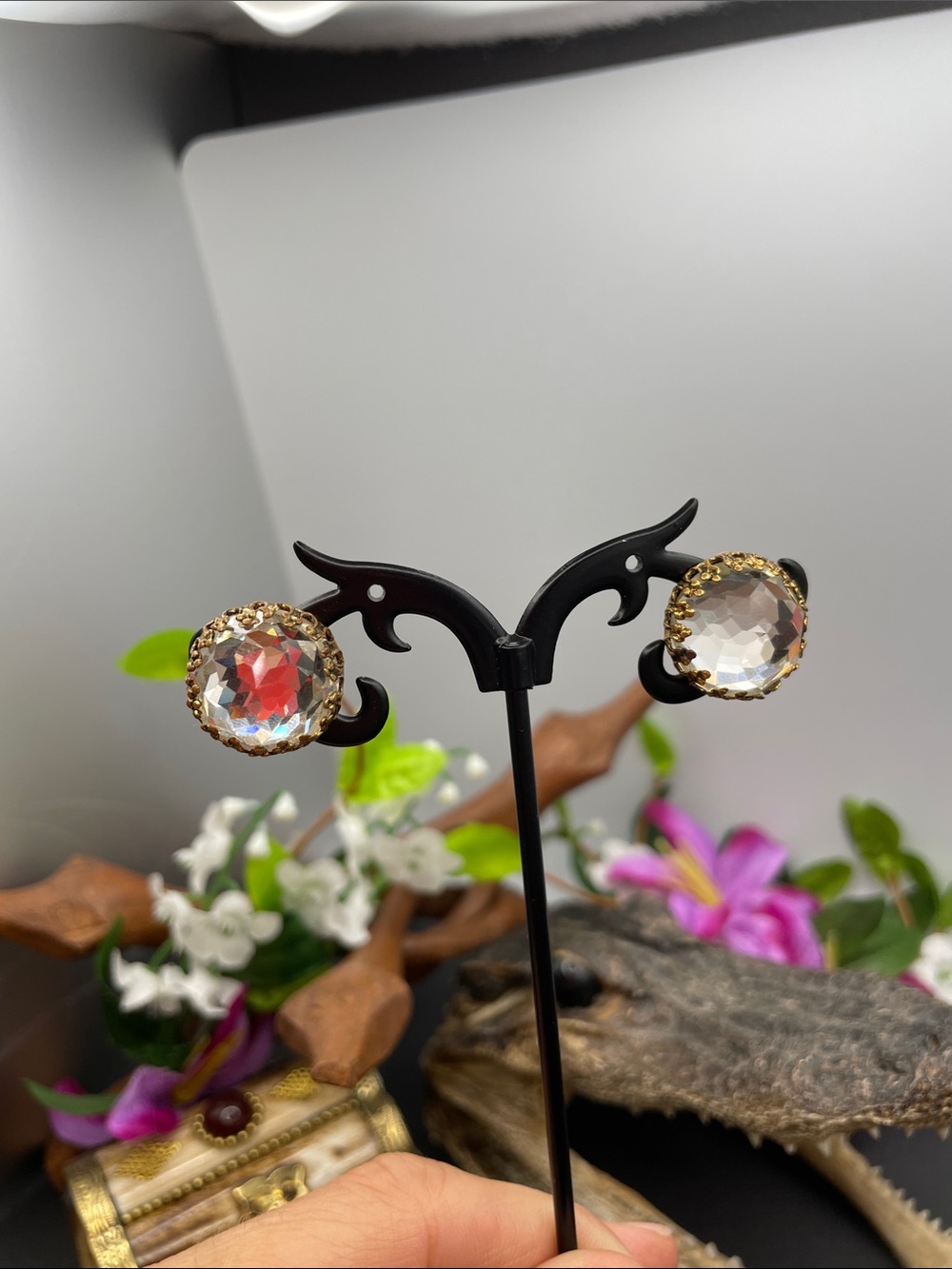 Austria multi faceted crystal cabochon clip earrings vintage